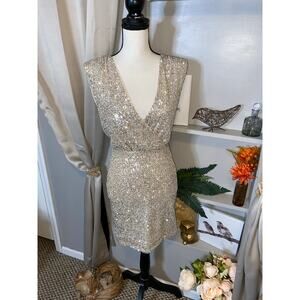 NWT Likely 6 Nude Silver Sequins Shoulder Pad Side Zip Formal Cocktail Dress